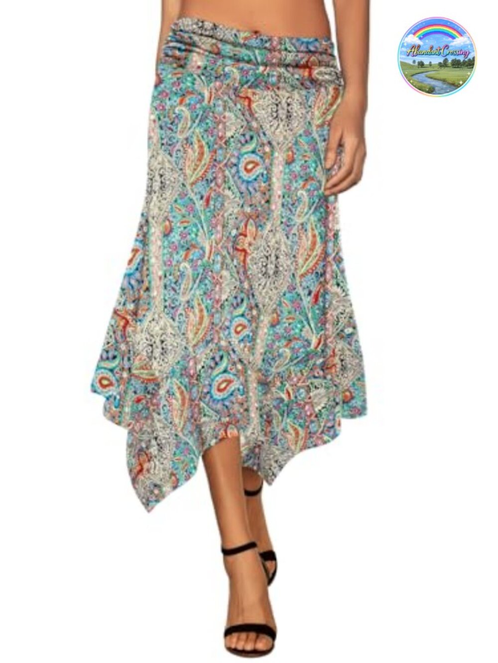 Women's Flowy Handkerchief Hem Midi Skirt Ruched Waist Below Knee
